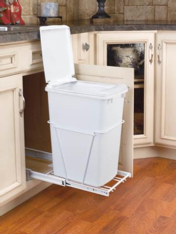 Rev-A-Shelf - 10-3/4" Single White 50qt Bottom Mount w/ Lid White Wire Waste Containers
