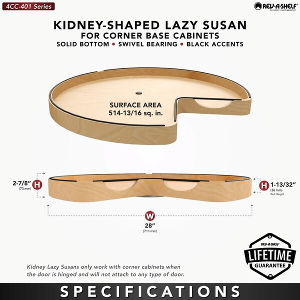 28" Craftsman Collection Solid Maple Kidney-Shaped Lazy Susan for Corner Base Cabinets w/ Swivel Bearing and Black Accents