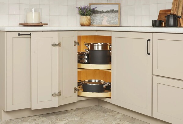 32" Craftsman Collection Solid Maple Kidney-Shaped Lazy Susan for Corner Base Cabinets w/ Swivel Bearing and Black Accents