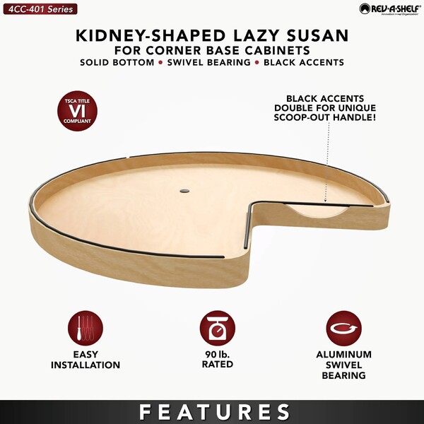 32" Craftsman Collection Solid Maple Kidney-Shaped Lazy Susan for Corner Base Cabinets w/ Swivel Bearing and Black Accents