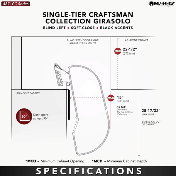 Maple Single-Tier Craftsman Collection Girasolo w/ Soft-Close and Black Accents for 15" Right Opening/Blind Left Corner Cabinet
