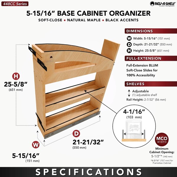 5" Craftsman Collection Solid Maple Base Cabinet Pullout Organizer w/ Black Accents and BLUM Soft-Close Slides