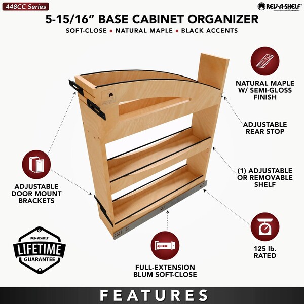 5" Craftsman Collection Solid Maple Base Cabinet Pullout Organizer w/ Black Accents and BLUM Soft-Close Slides