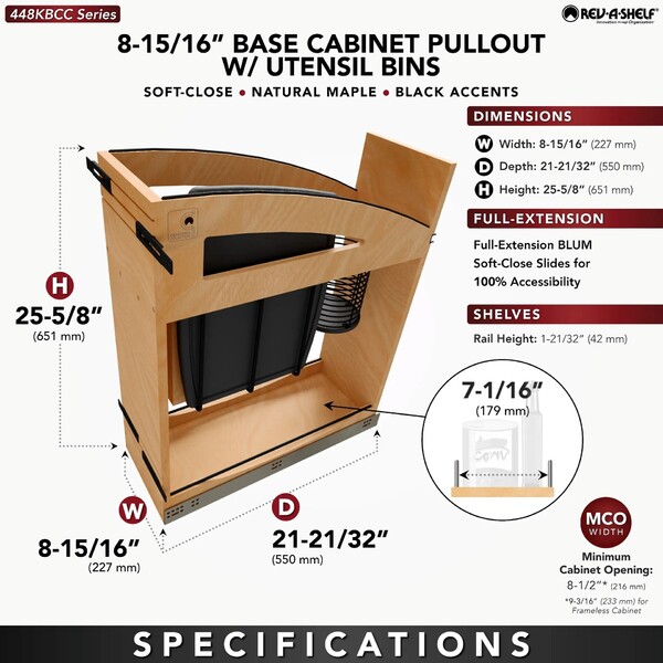 8" Craftsman Collection Solid Maple Knife Block Pullout Organizer w/ Black Accents and BLUM Soft-Close Slides 