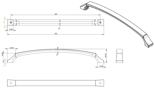 Century Edge Pull 224mm CC Brushed Nickel Bar Pull