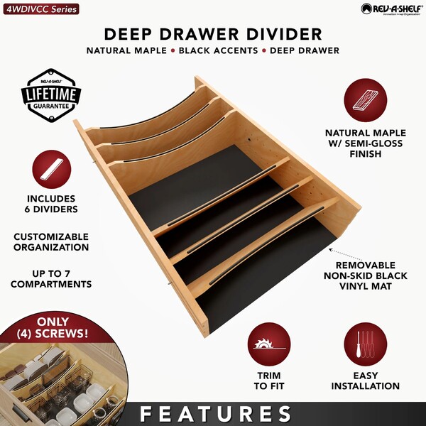 Craftsman Collection -Adjustable Deep Drawer Divider Insert  33-36 inch Base Cabinet Drawers