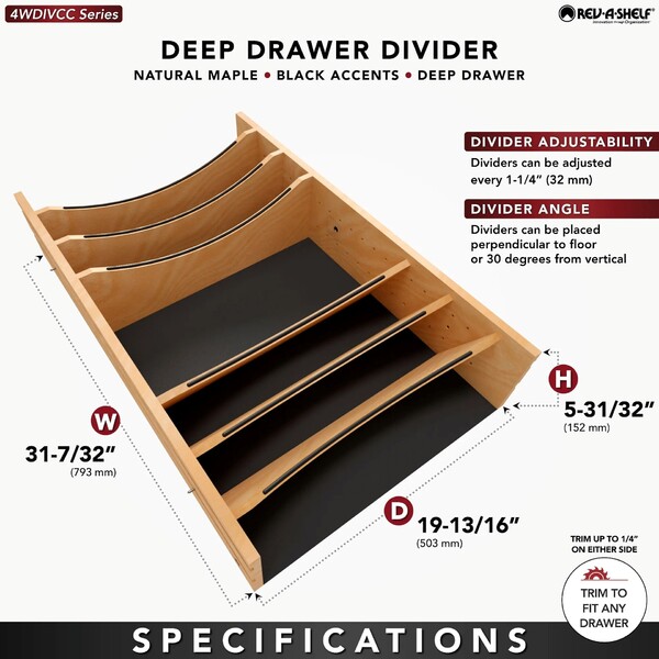 Craftsman Collection -Adjustable Deep Drawer Divider Insert  33-36 inch Base Cabinet Drawers