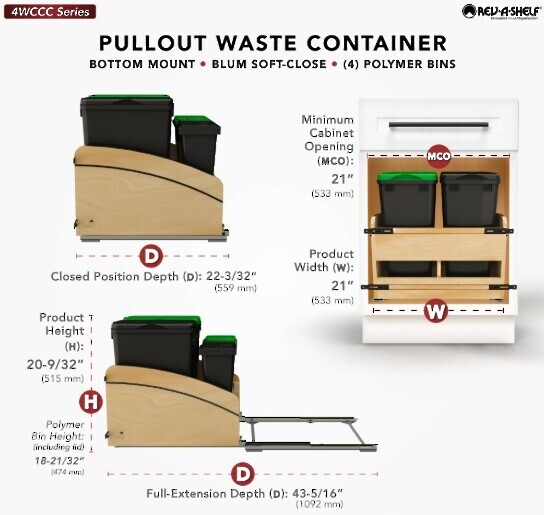 Double Black 32 Qt. Craftsman Bottom Mount Pullout Waste Container with BLUM Soft-Close