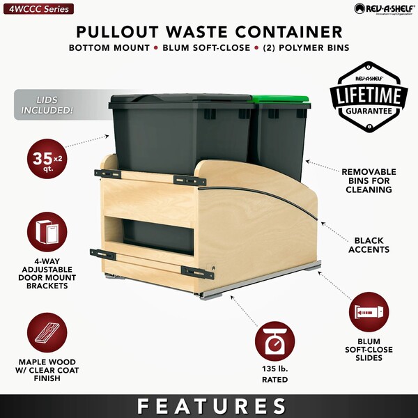Double Black 35 Qt. Craftsman Collection Solid Maple Bottom Mount Pullout Waste Container w/ Black Accents, (2) Lids and BLUM Soft-Close Slides