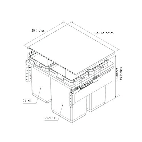 (GREAT VALUE) Di Lusso Garbage Bins System - Width 22-1/2 Inches with Built-in Bin Lid