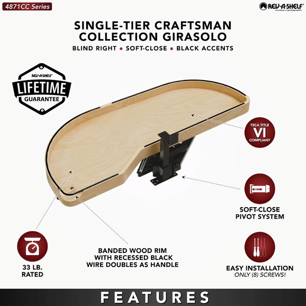 Maple Single-Tier Craftsman Collection Girasolo w/ Soft-Close and Black Accents for 15" Left Opening/Blind Right Corner Cabinet