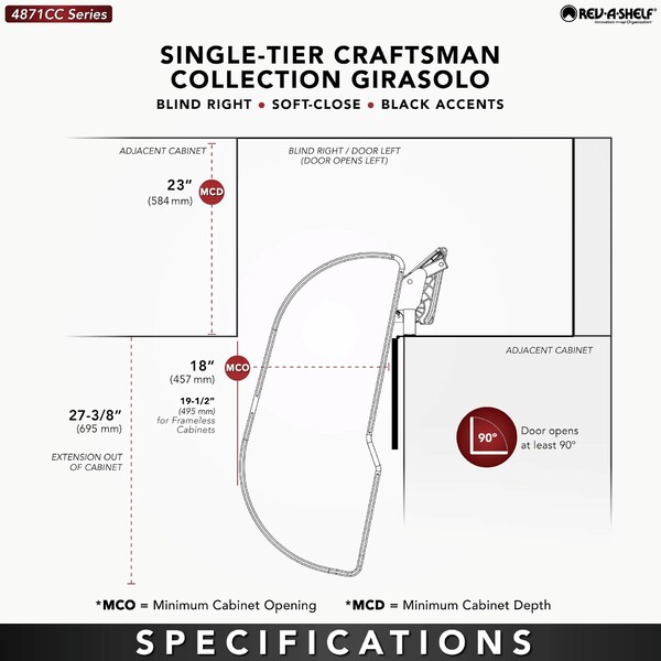Maple Single Tier Craftsman Collection Girasolo w/ Soft-Close and Black Accents for 18" Left Opening/Blind Right Corner Cabinet