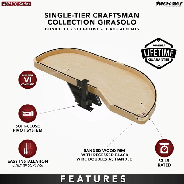 Maple Single-Tier Craftsman Collection Girasolo w/ Soft-Close and Black Accents for 18" Right Opening/Blind Left Corner Cabinet