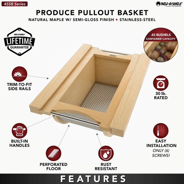 Natural Maple/Stainless-Steel Produce Basket for 15" Base Cabinets
