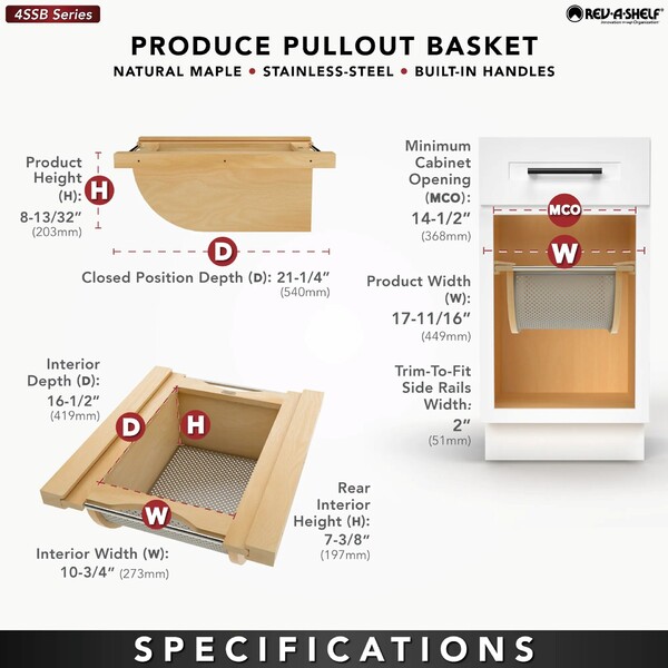 Natural Maple/Stainless-Steel Produce Basket for 18" Base Cabinets