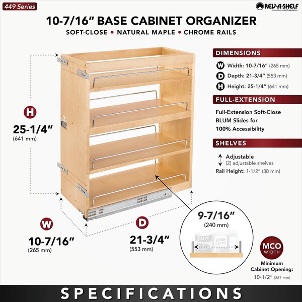 Rev-A-Shelf - 10" Bottom Mount Base Cabinet w/ Blumotion Soft-Close