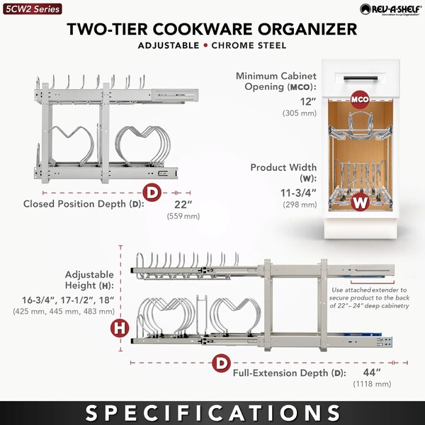 Rev-A-Shelf - 11-3/4" x 22" Base Cabinet Pullout 2 Tier Cookware Organizer