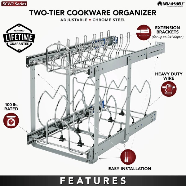 Rev-A-Shelf - 11-3/4" x 22" Base Cabinet Pullout 2 Tier Cookware Organizer with Soft-Close Slides
