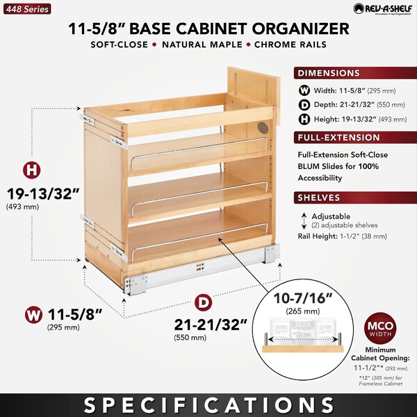 Rev-A-Shelf - 11" Maple Base Cabinet Pullout Organizer REDUCED Height with Blumotion Soft-Close