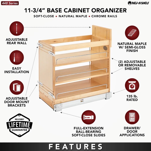 Rev-A-Shelf - 11" Maple Base Cabinet Pullout Organizer REDUCED Height with Blumotion Soft-Close