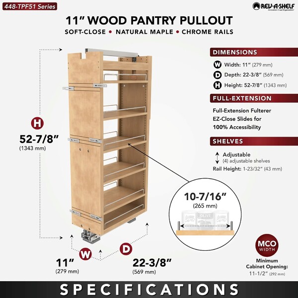Rev-A-Shelf - 11" x 51" Maple Pullout Wood Tall/Pantry Accessories