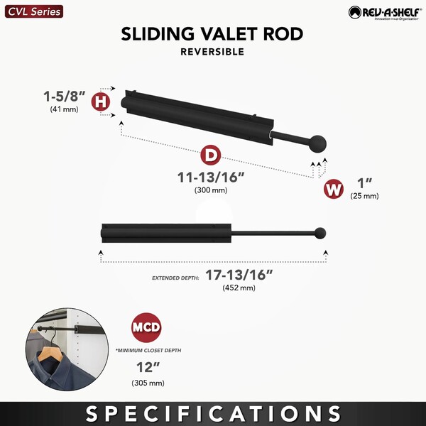Rev-A-Shelf - 12" Satin Nickel Standard Valet Rod
