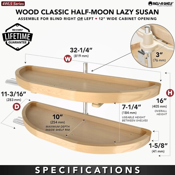 Rev-A-Shelf - 12" x 32" Lazy Susan Half-Moon Wood 2 Shelf (Pivot and Slide)