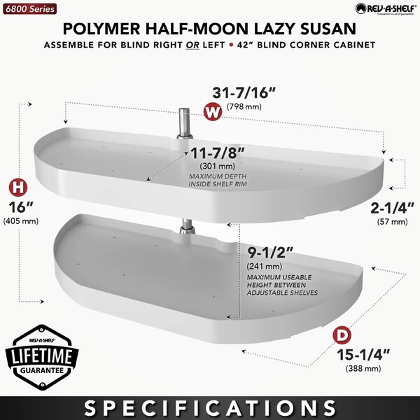 Rev-A-Shelf - 13-1/4" x 31" White Lazy Susan Half-Moon 2 Shelf (Pivot and Slide)