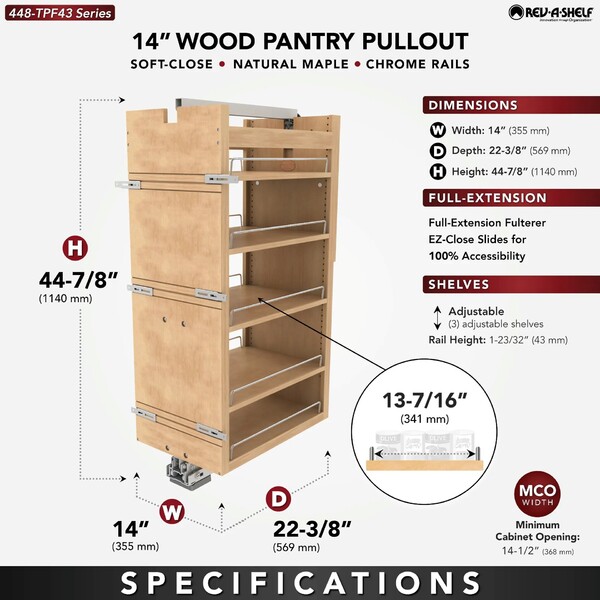 Rev-A-Shelf - 14" x 43" Maple Pullout Wood Tall/Pantry Accessories