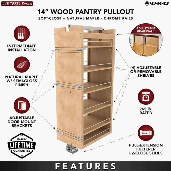 Rev-A-Shelf - 14" x 51" Maple Pullout Wood Tall/Pantry Accessories