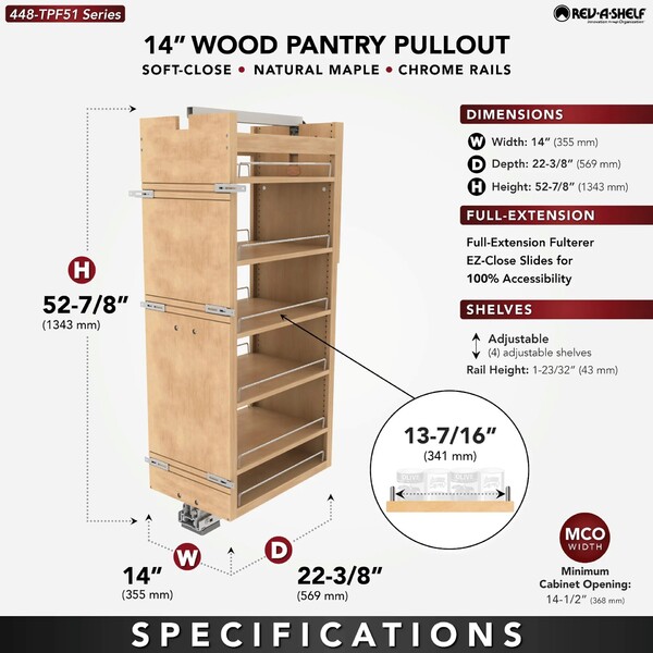 Rev-A-Shelf - 14" x 51" Maple Pullout Wood Tall/Pantry Accessories