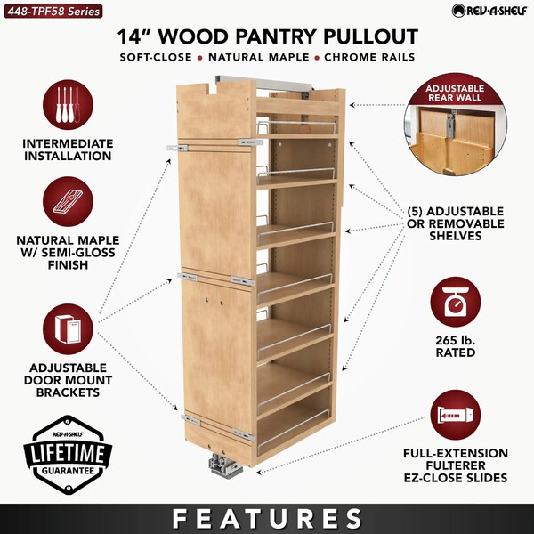Rev-A-Shelf - 14" x 58" Maple Pullout Wood Tall/Pantry Accessories