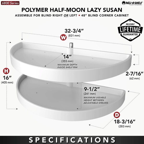 Rev-A-Shelf - 16-1/8" x 33" White Lazy Susan Half-Moon 2 Shelf (Pivot and Slide)