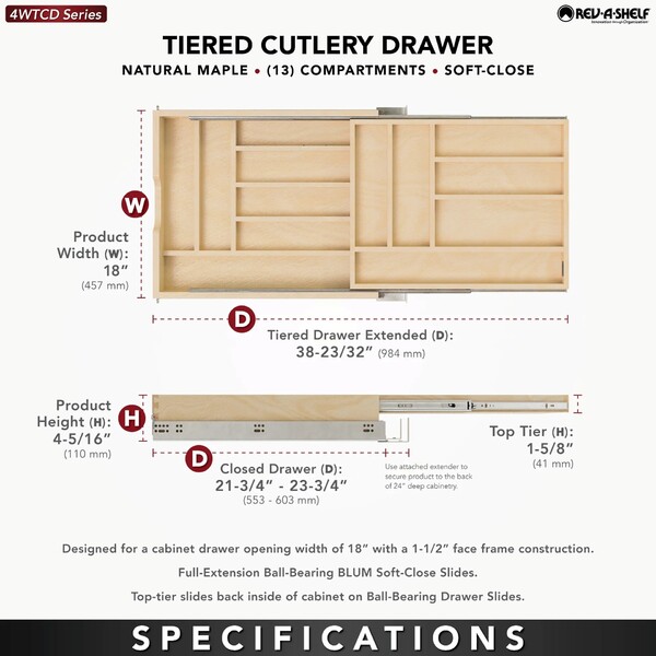 Rev-A-Shelf - 18" Opening - Complete System Two-Tier Soft-Close Cutlery Organizer
