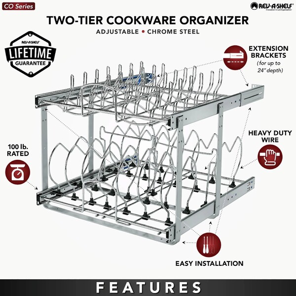 Rev-A-Shelf - 20-3/4" x 22" Base Cabinet Pullout 2 Tier Cookware Organizer with Soft-Close Slides
