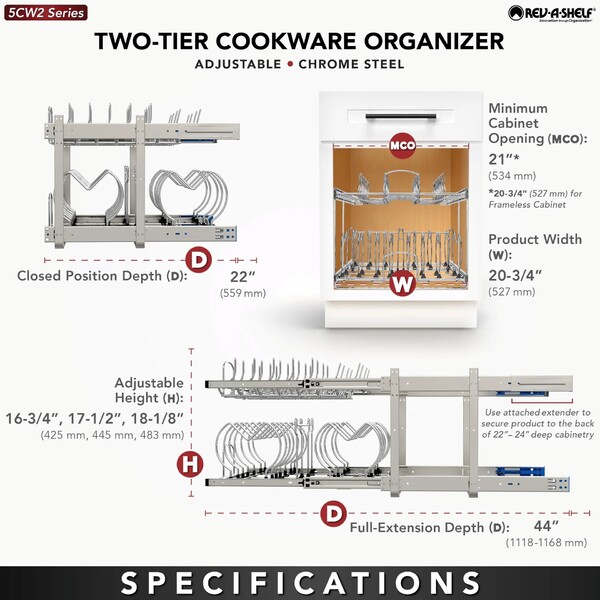 Rev-A-Shelf - 20-3/4" x 22" Base Cabinet Pullout 2 Tier Cookware Organizer with Soft-Close Slides