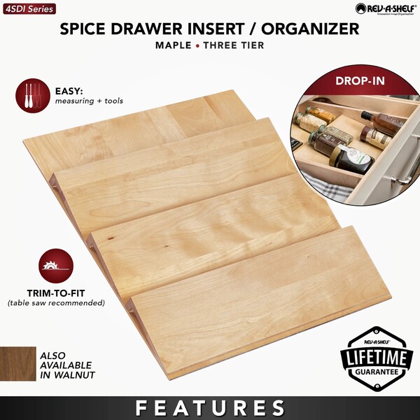 Rev-A-Shelf - 22" Maple Cut-To-Size Insert Wood Spice Organizer for Drawers