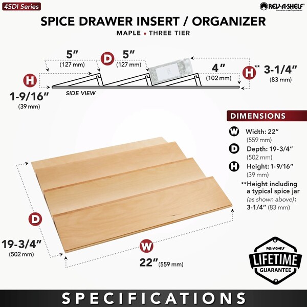 Rev-A-Shelf - 22" Maple Cut-To-Size Insert Wood Spice Organizer for Drawers