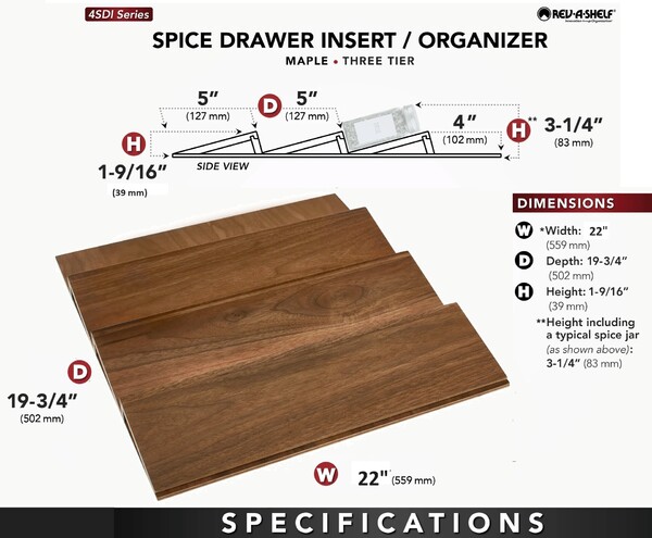 Rev-A-Shelf - 22" Walnut Cut-To-Size Insert Wood Spice Organizer for Drawers