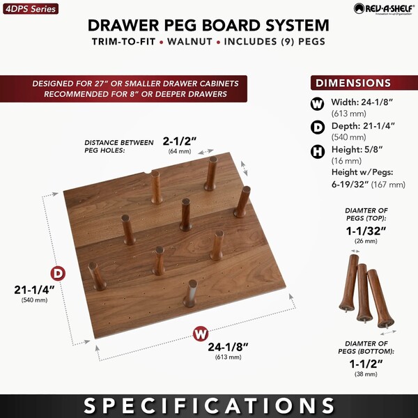 Rev-A-Shelf - 24" Walnut Cut-To-Size Insert Peg System for Drawers