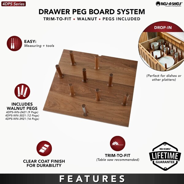 Rev-A-Shelf - 24" Walnut Cut-To-Size Insert Peg System for Drawers