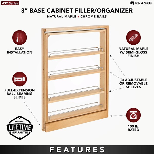Rev-A-Shelf - 3" Filler Pullout Organizer with Wood Adjustable Shelves