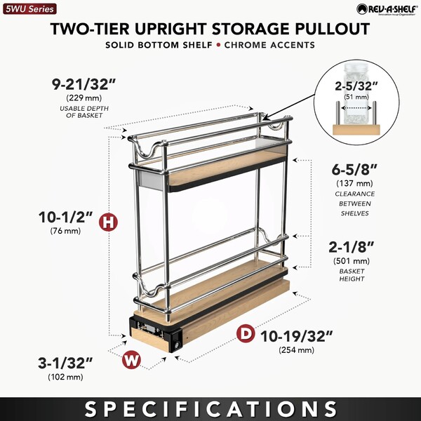 Rev-A-Shelf - 3" Two-Shelf Narrow Wire Wall Upright Pullout