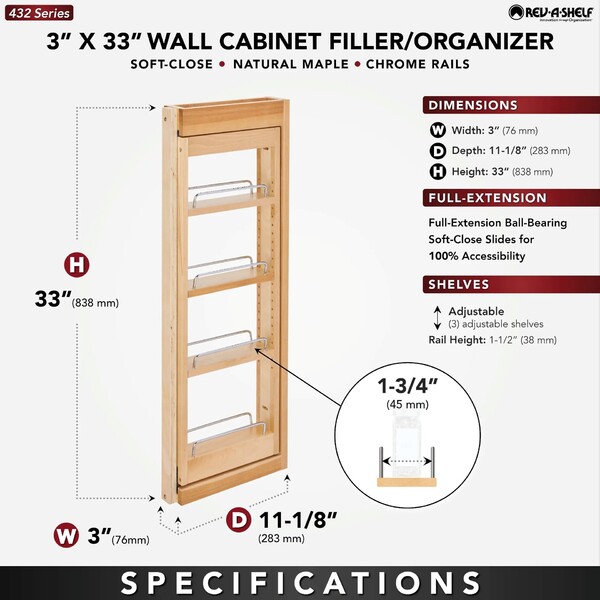 Rev-A-Shelf - 3" x 33" Soft-Close Filler Pullout Organizer with Wood Adjustable Shelves Wall Accessories