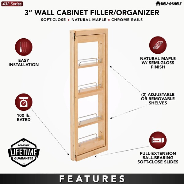 Rev-A-Shelf - 3" x 36" Soft-Close Filler Pullout Organizer with Wood Adjustable Shelves Wall Accessories