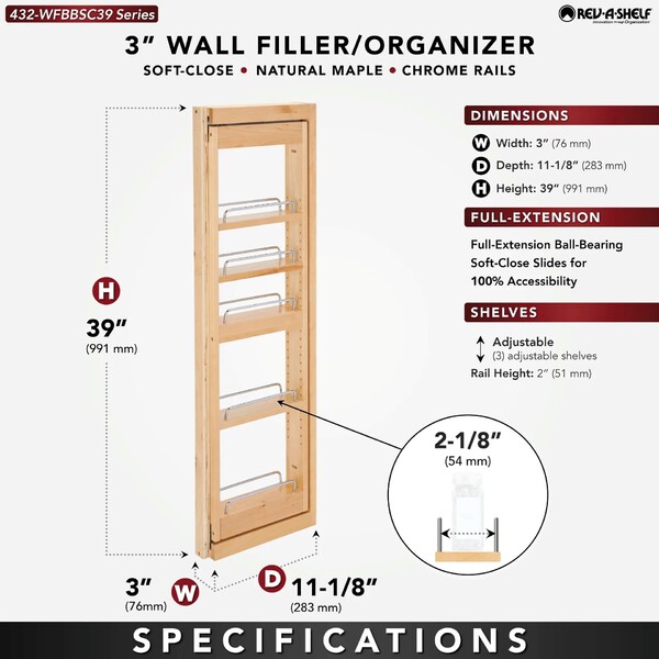Rev-A-Shelf - 3" x 39" Soft-Close Filler Pullout Organizer with Wood Adjustable Shelves Wall Accessories