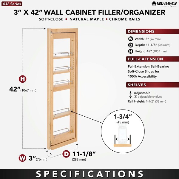 Rev-A-Shelf - 3" x 42" Soft-Close Filler Pullout Organizer with Wood Adjustable Shelves Wall Accessories