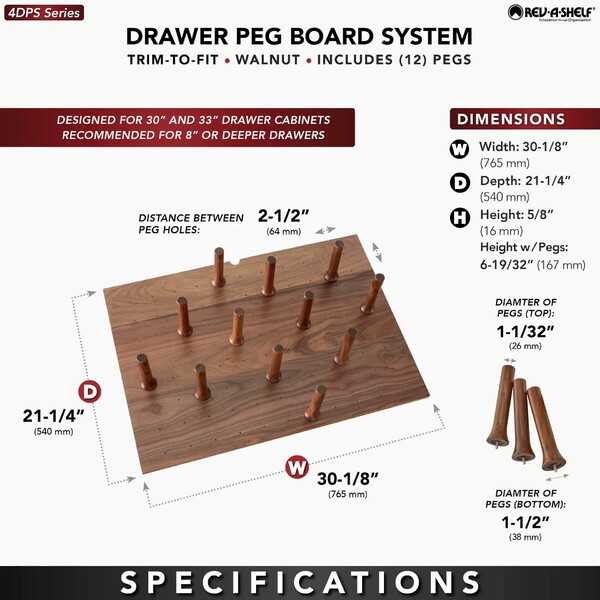Rev-A-Shelf - 30" Walnut Cut-To-Size Insert Peg System for Drawers