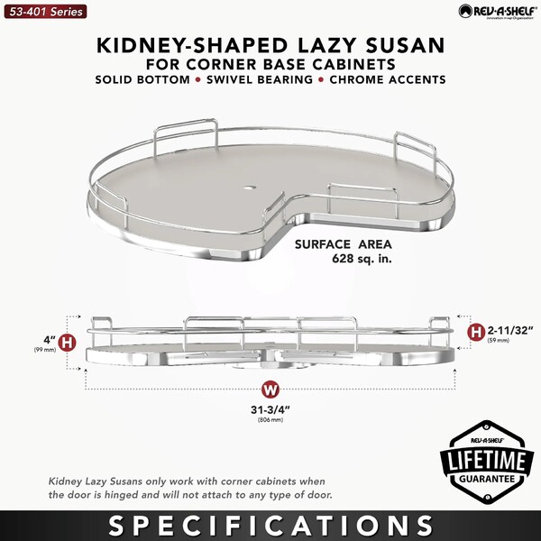 Rev-A-Shelf - 32" Gray Kidney Shape Solid Bottom Single Shelf (w/Bearing and Stop)