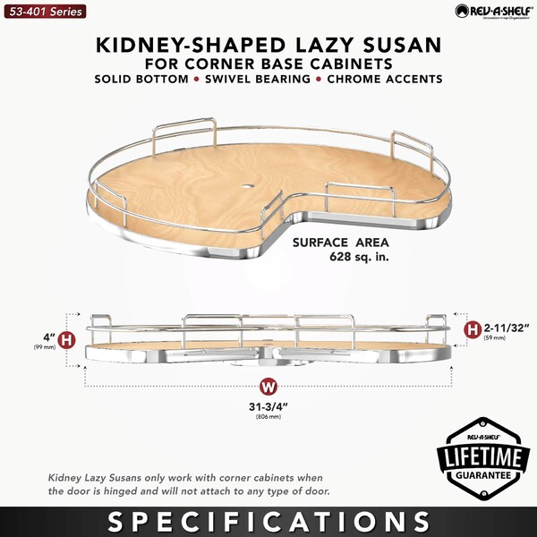 Rev-A-Shelf - 32" Maple Kidney Shape Solid Bottom Single Shelf (w/Bearing and Stop)